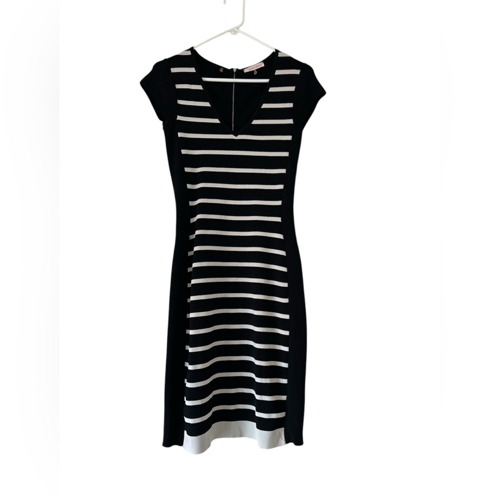 Rebecca Taylor black dress and white stripes, funky bright blue zipper entry. SM